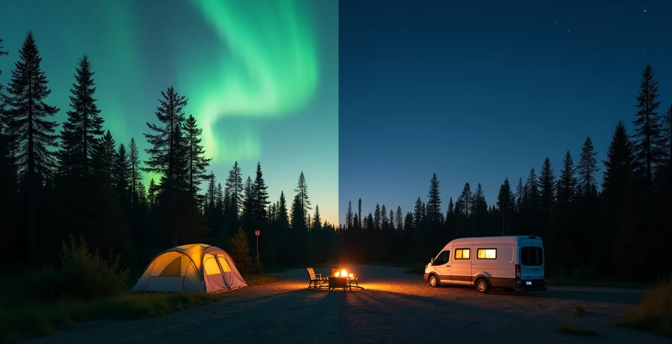 Comparison between official Quebec campground with facilities and informal roadside rest area at dusk
