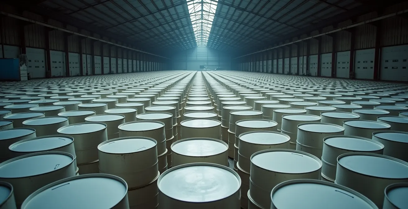 Vast rows of white maple syrup barrels stacked high in Quebec's strategic reserve warehouse.