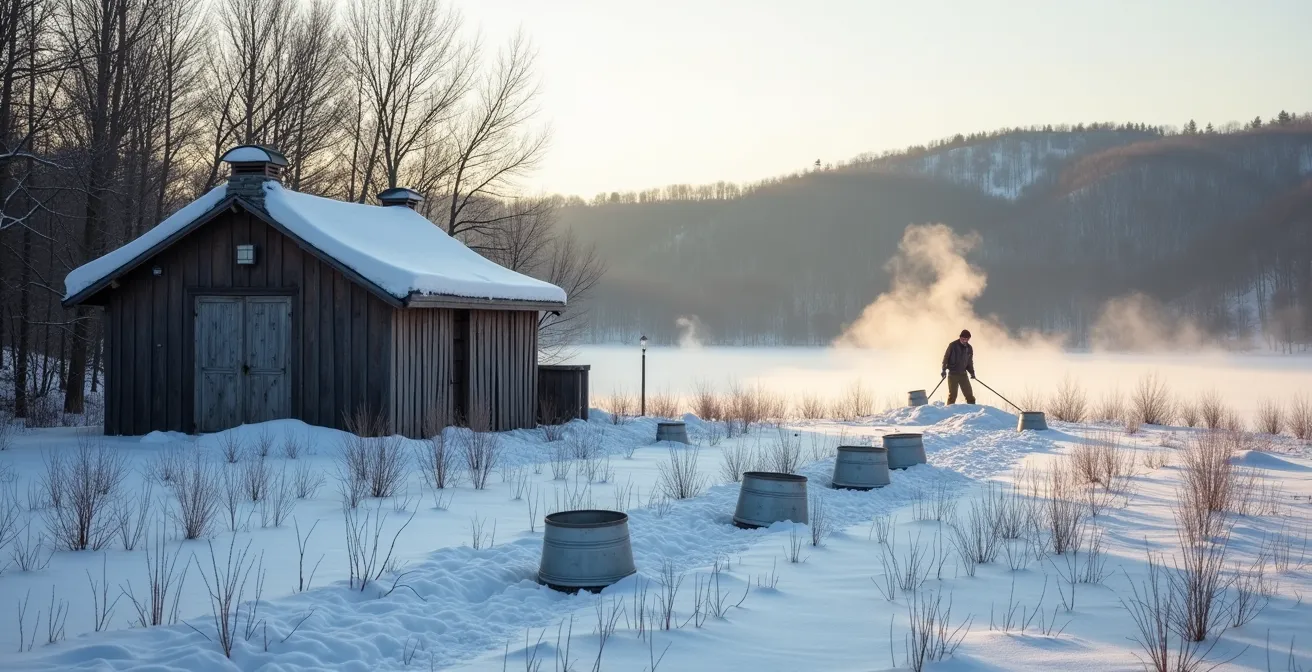 Misty spring morning at a Quebec sugar shack with steam rising from maple sap evaporators