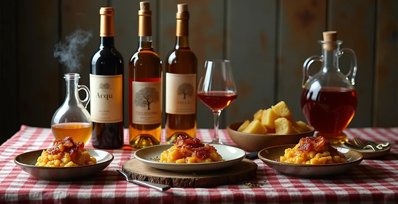 Wine bottles and maple syrup dishes arranged for pairing at Quebec sugar shack