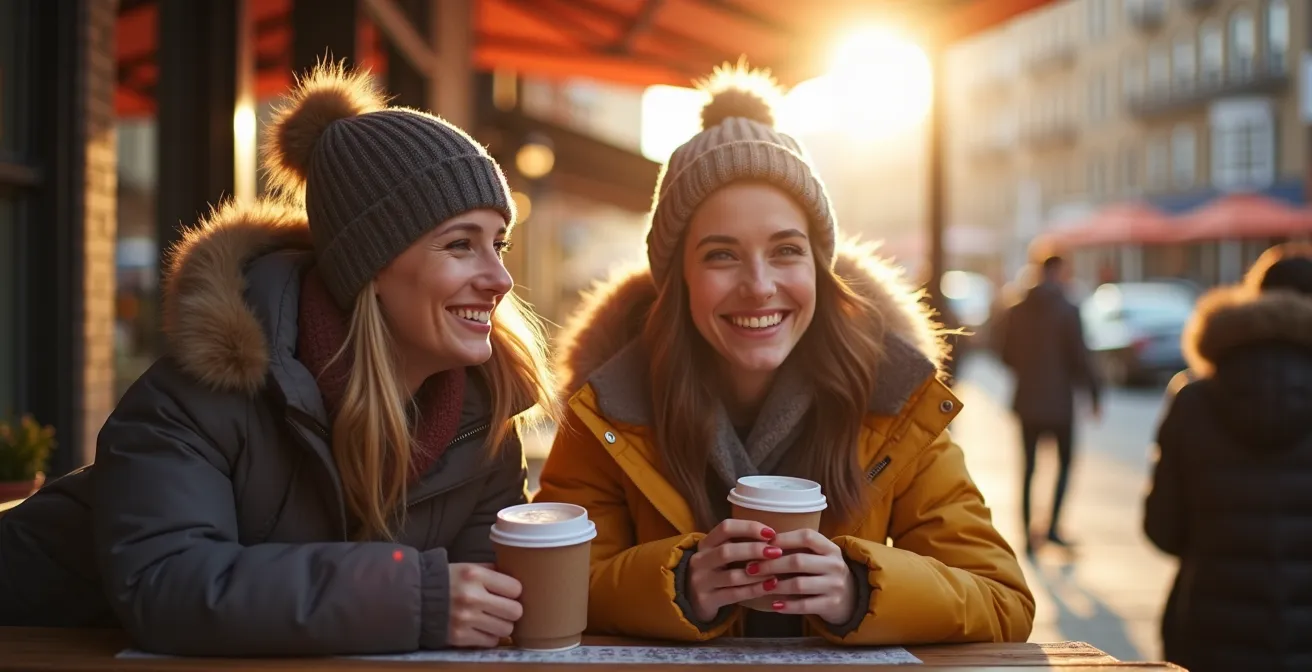 Enthusiastic diners in warm coats enjoying outdoor terrace dining in early spring Montreal
