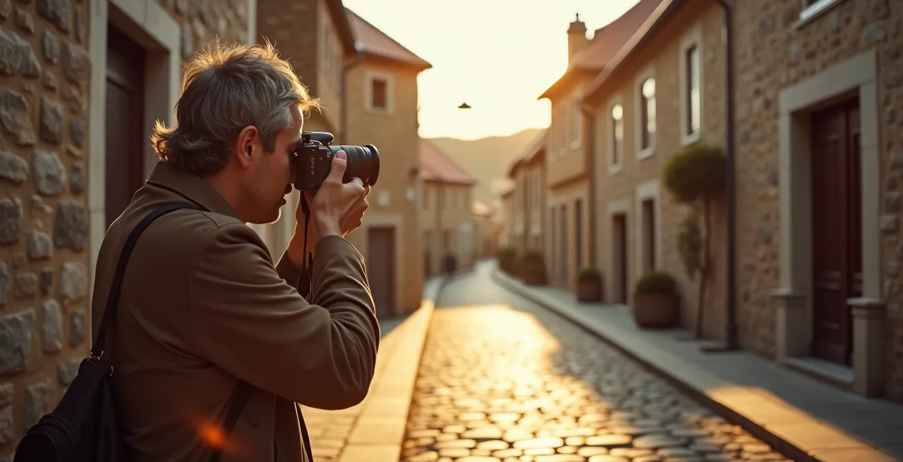 Empty cobblestone street with historic stone houses on a quiet Monday morning