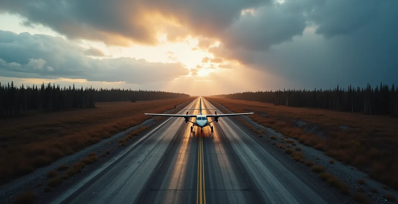Small aircraft landing on gravel runway surrounded by endless boreal forest and tundra in northern Quebec