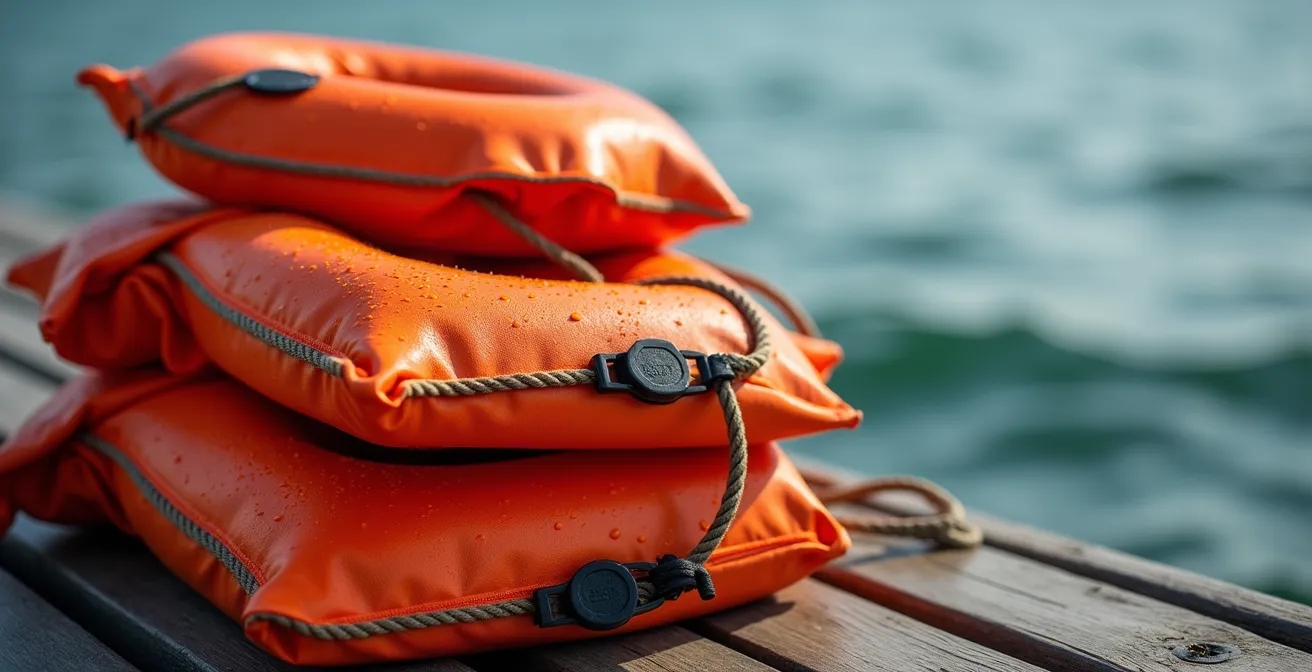 Safety equipment and life jackets displayed on a pontoon boat deck