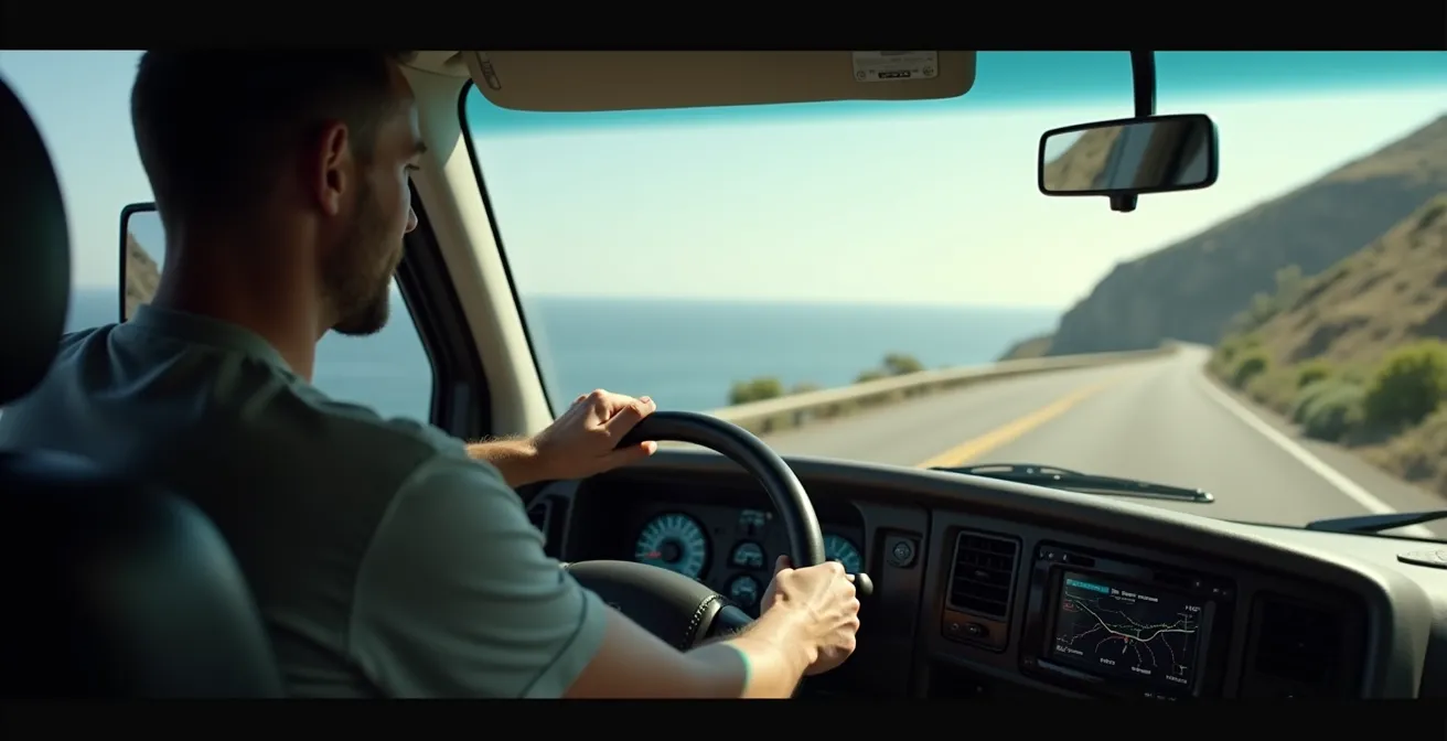 RV navigating steep grade on Route 132 with ocean views