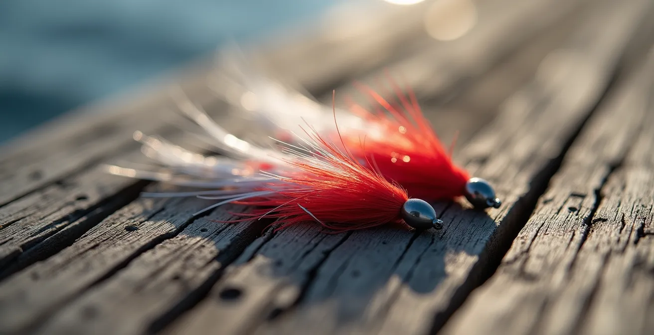 Macro shot of colorful sabiki rig with feather hooks and weight
