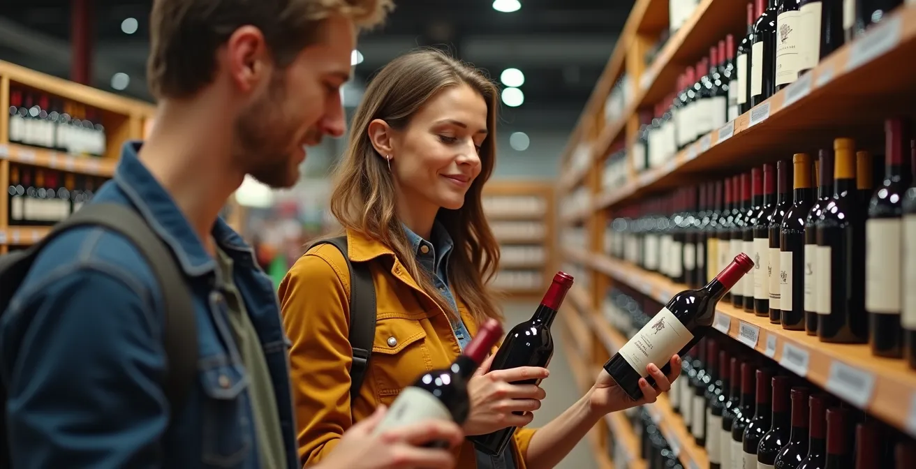 Customer browsing wine selection in a modern Quebec liquor store with extensive shelving