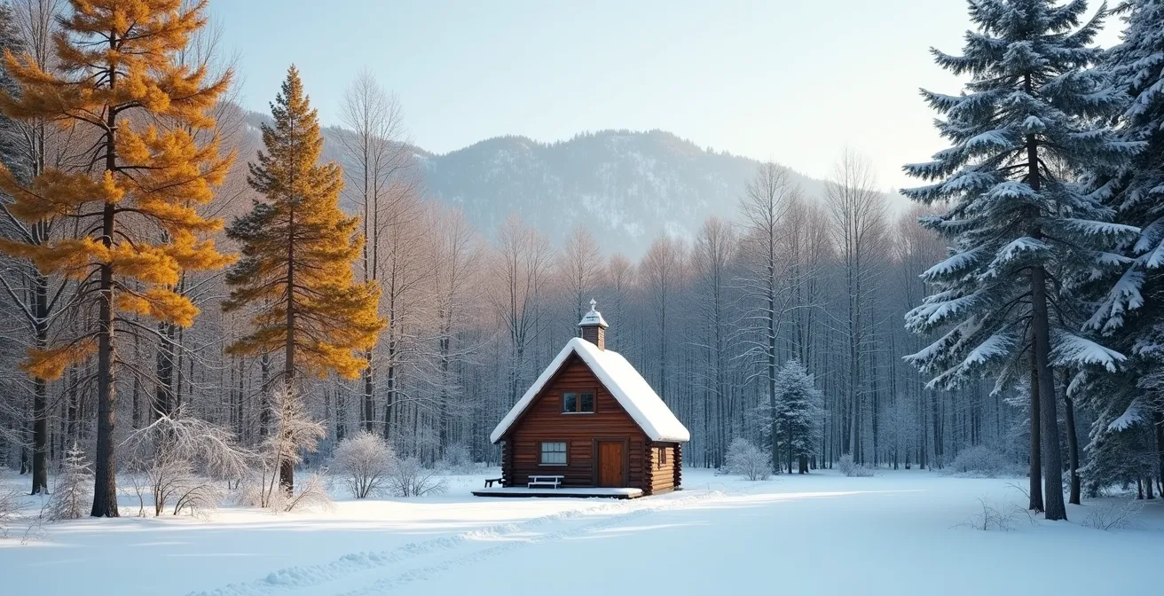 Split-screen comparison of a Quebec chalet in summer versus winter showing obvious seasonal differences