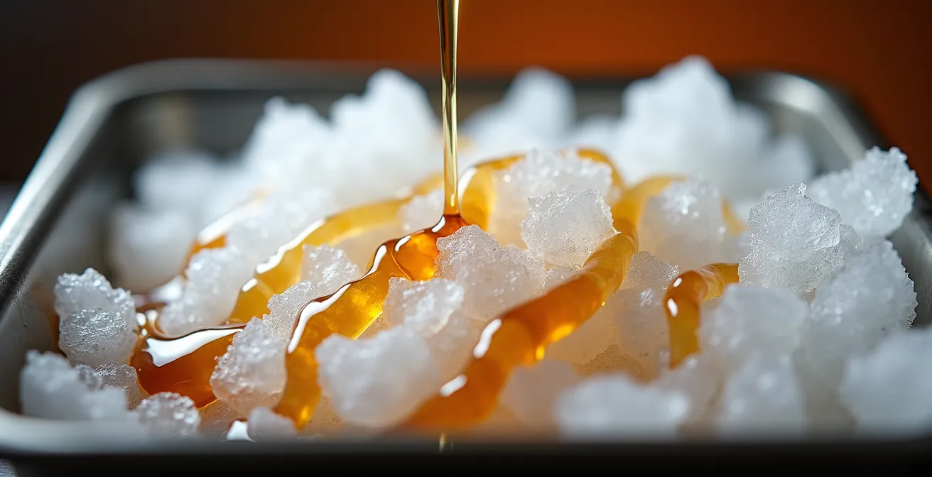 Kitchen counter setup showing shaved ice in a metal tray as snow alternative for maple taffy