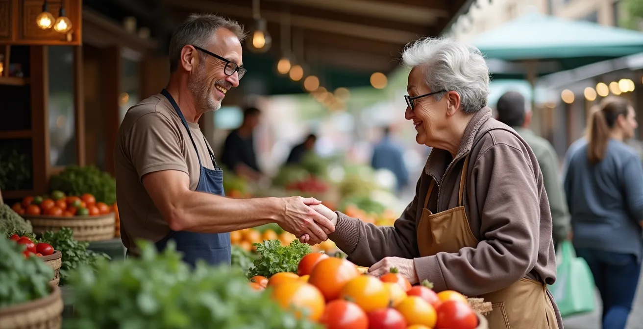 Warm portrait of vendors and customers interacting at a farmers market, showing genuine emotions and cultural exchange