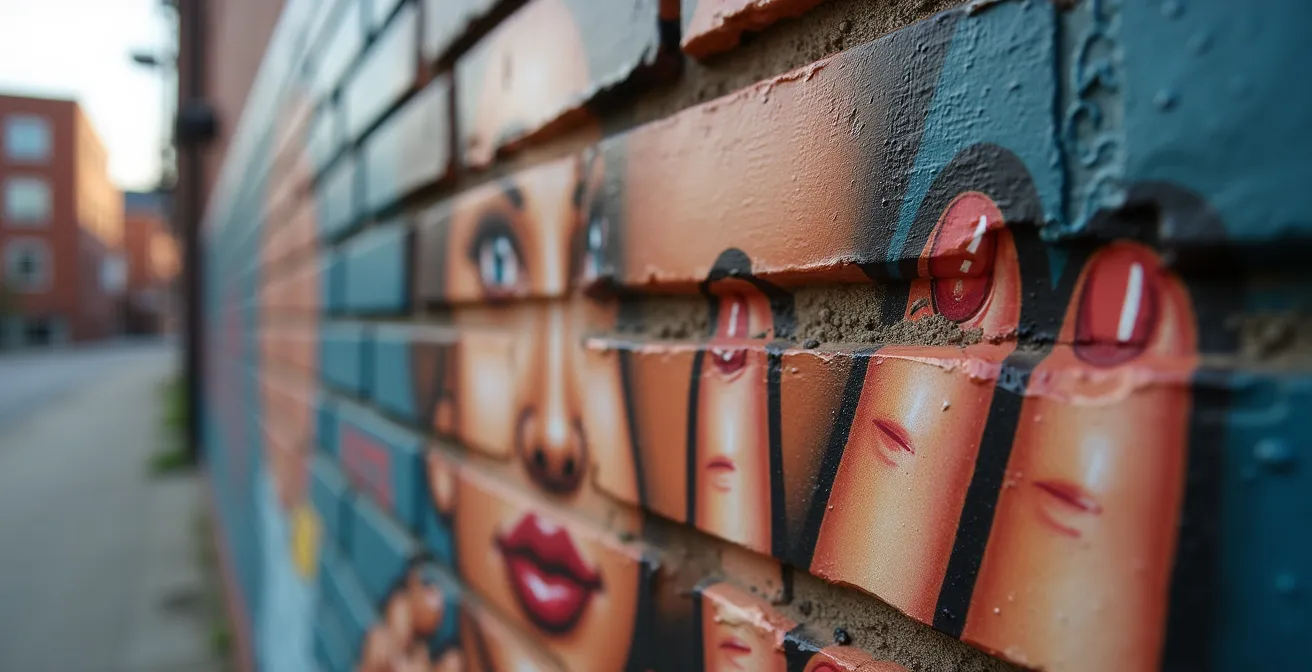 Close-up detail of a vibrant trompe-l'oeil mural in downtown Sherbrooke showing historical figures