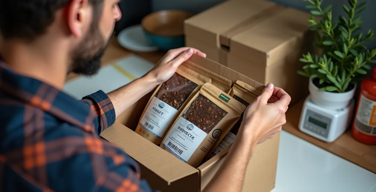 Organized shipping boxes and dry goods prepared for air cargo transport to northern communities