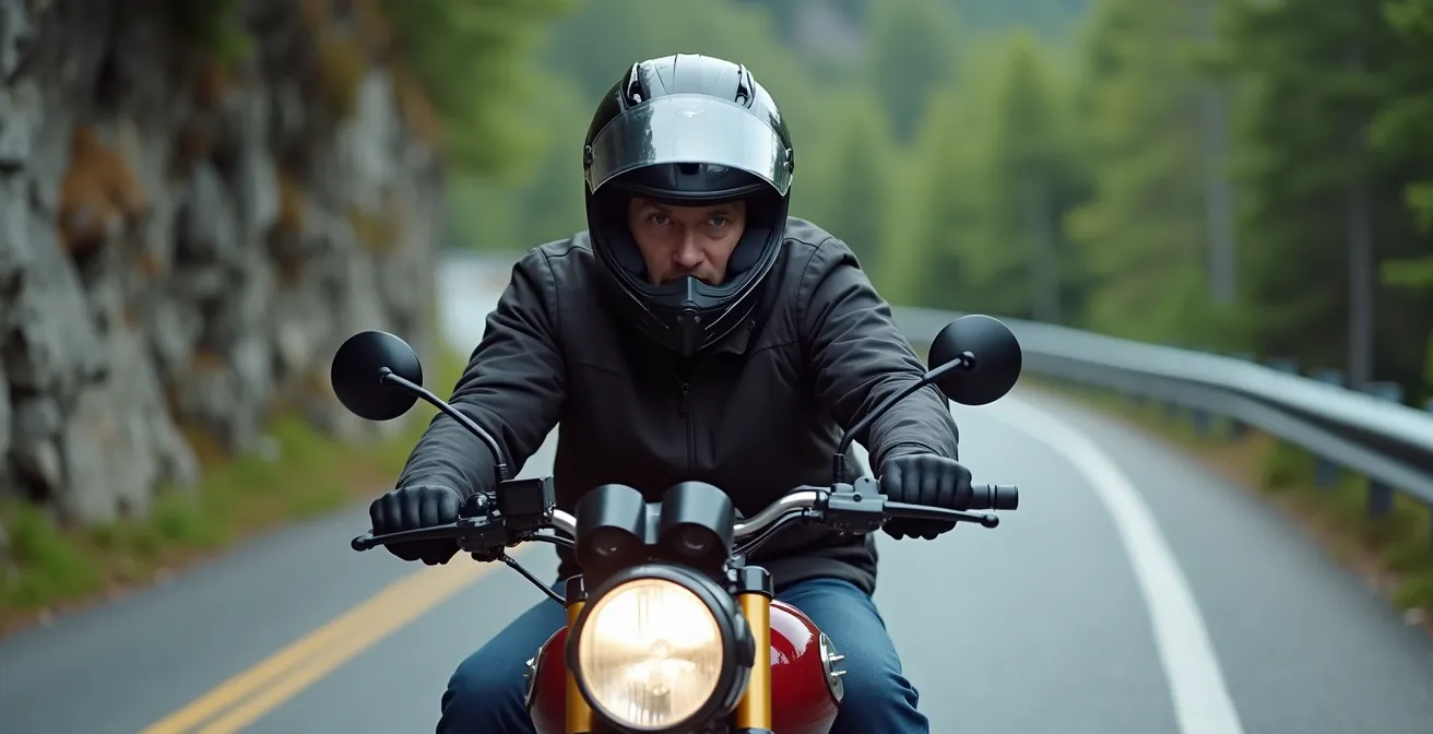 Motorcyclist demonstrating proper body position on steep mountain descent with decreasing radius turn