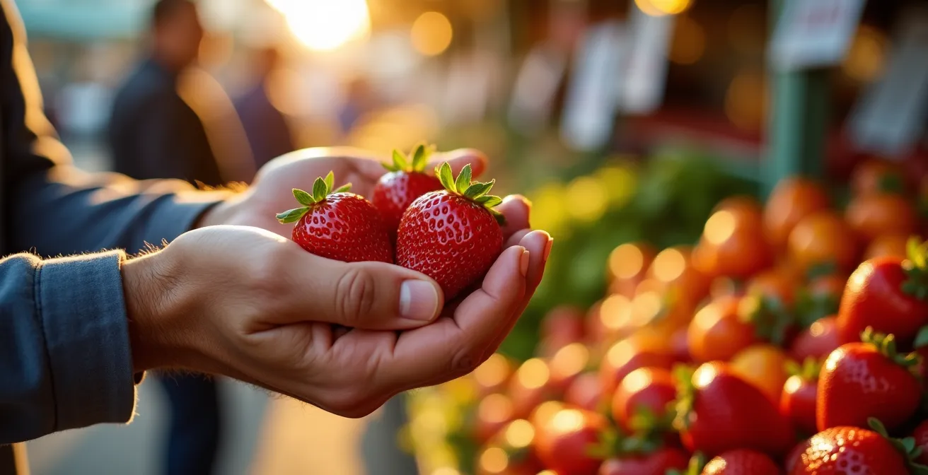 Quebec summer market with fresh berries and corn showing seasonal shift from winter pies