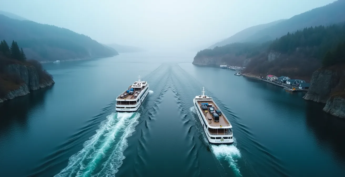 Aerial view of Tadoussac-Baie-Sainte-Catherine ferry crossing the Saguenay fjord confluence