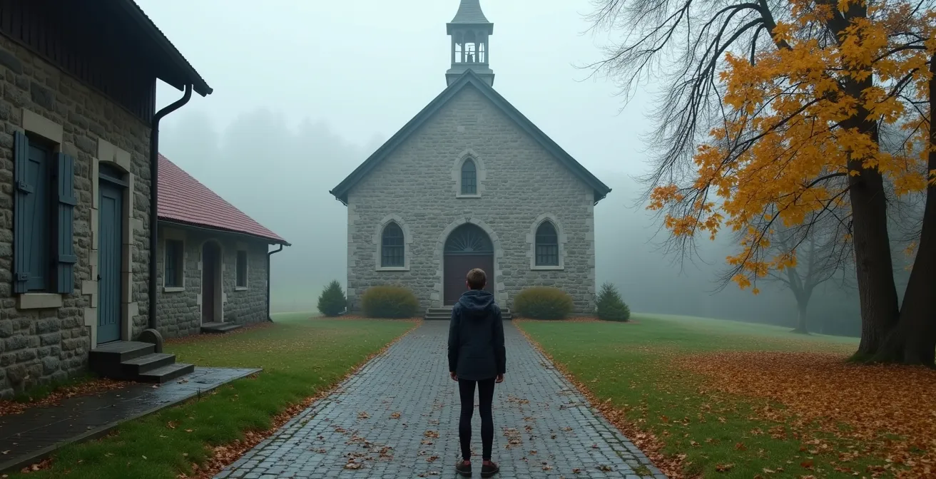 Teenager standing before historic stone church in Quebec village