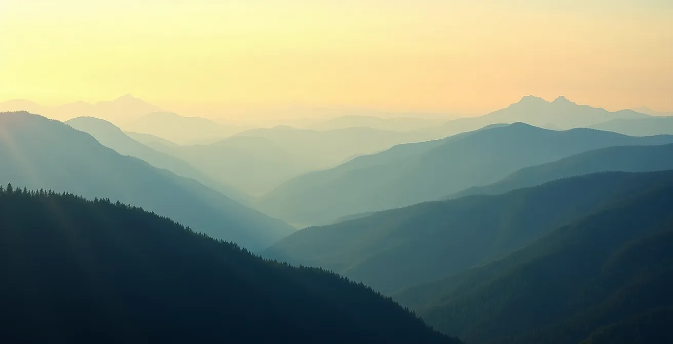 Layered mountain ridges compressed through summer haze creating painterly effect