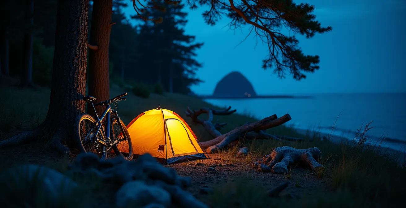 Small cycling tent discreetly positioned near coastal forest edge at dusk
