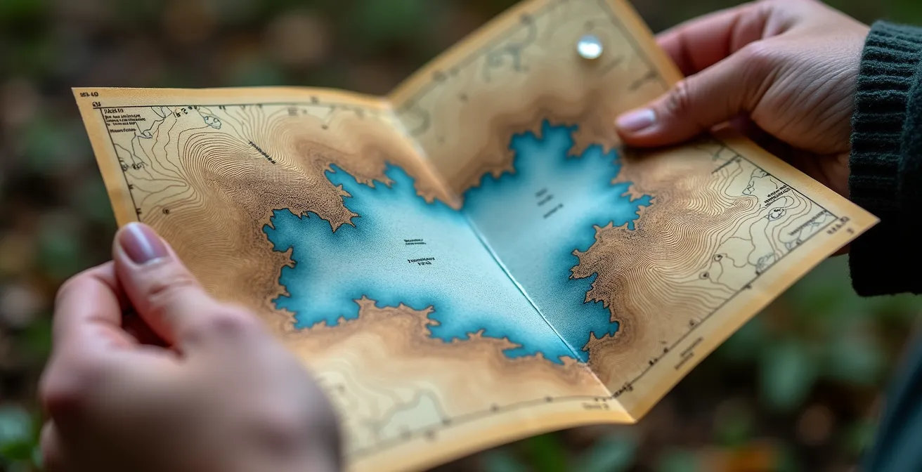 Close-up of hands holding a topographic map showing contour lines around a lake