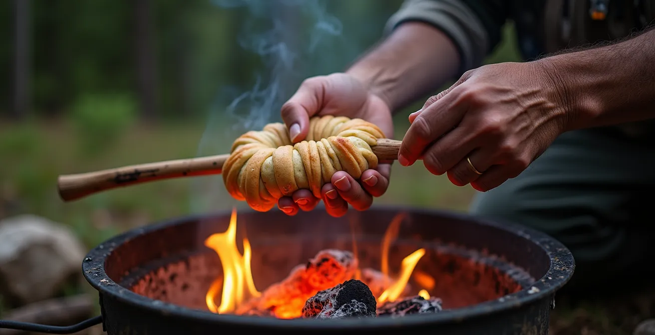 Hands preparing traditional bannock bread wrapped around wooden sticks over glowing fire embers