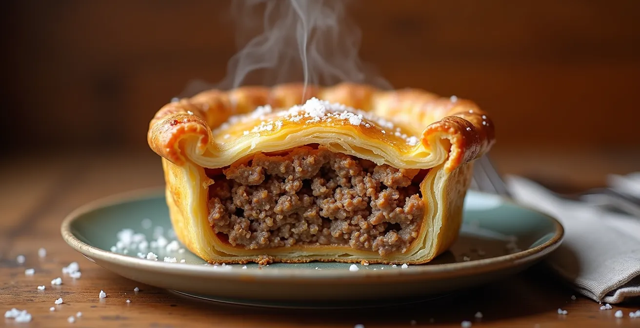 Cross-section view of traditional Quebec meat pies showing texture differences