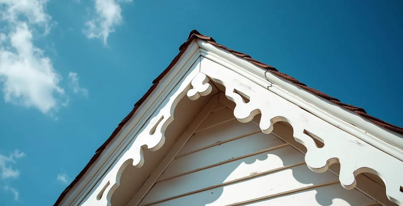 Close-up of intricate Victorian gingerbread woodwork on a heritage home showing ornate carved patterns and layers