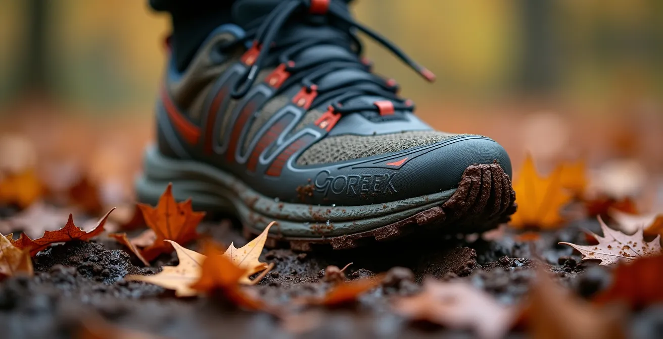 Close-up macro shot of waterproof trail runner shoe stepping through Quebec autumn mud with wet fallen leaves