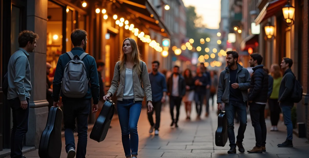 Evening atmosphere on Wellington Street with people gathered outside venues and warm lights from storefronts