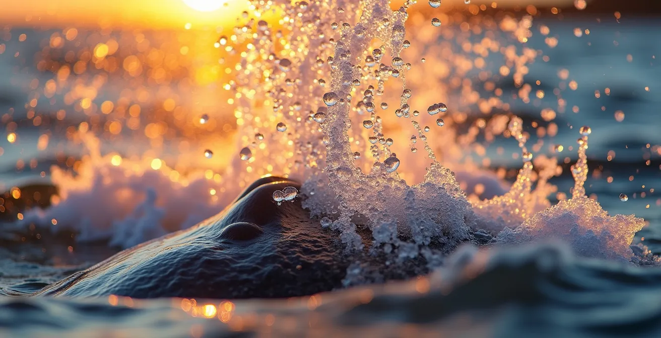 Comparison of different whale blow patterns against St. Lawrence horizon showing fin, blue, minke and beluga spouts