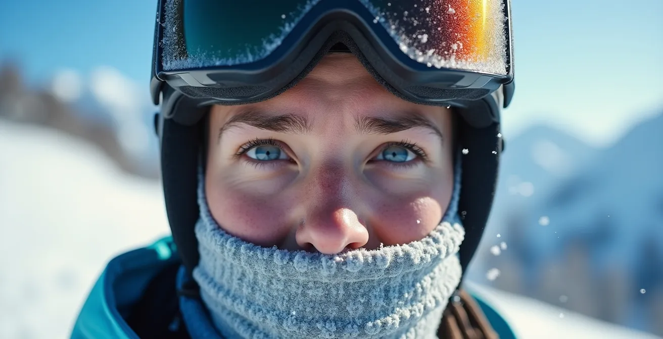 Portrait of skier with frost on exposed facial areas showing cold exposure