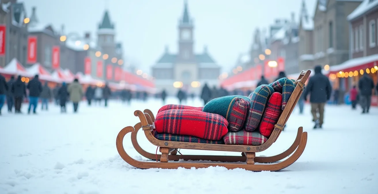 Traditional wooden sled with blankets navigating snowy Quebec carnival grounds