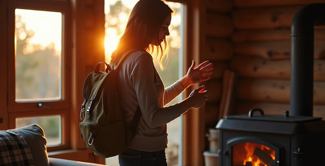 A woman confidently preparing her remote cabin at sunset with safety equipment visible